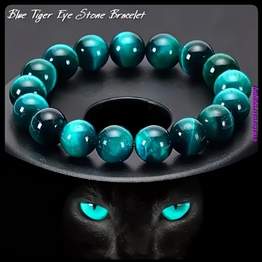 🆕LAST 1🐯BLUE TIGER'S EYE STONE 10MM BEAD BRACELET - SHADES OF BLUE-GREEN BEADS